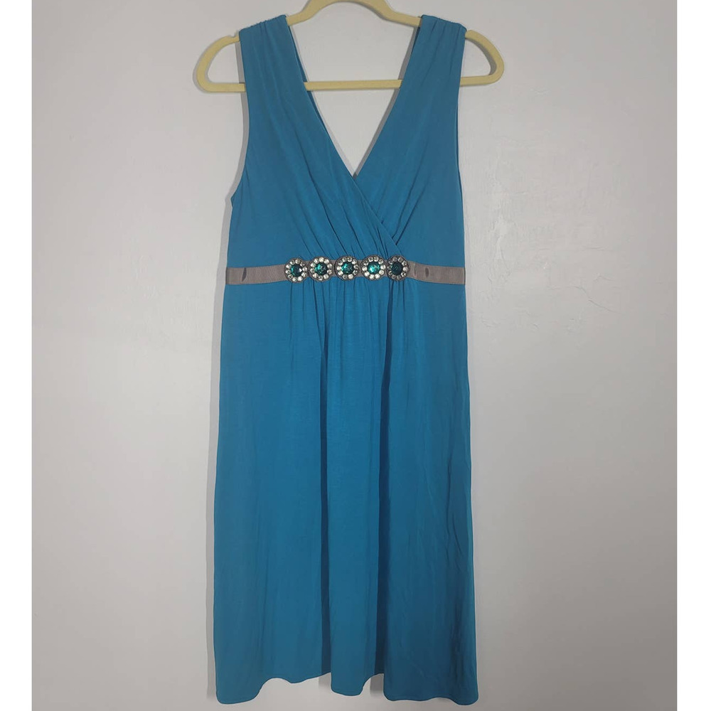 Boden Jersey A-Line Dress Size 10 V-Neck Sleeveless Rhinestone Embellished Blue